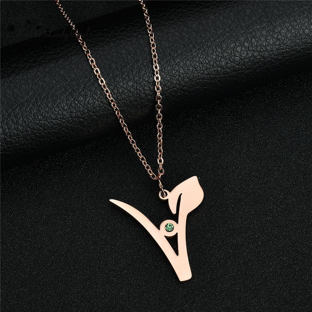 V Stainless Steel Pendant with Green Stone, Rose, White or Yellow Gold Plated、mySite、g9winljtr