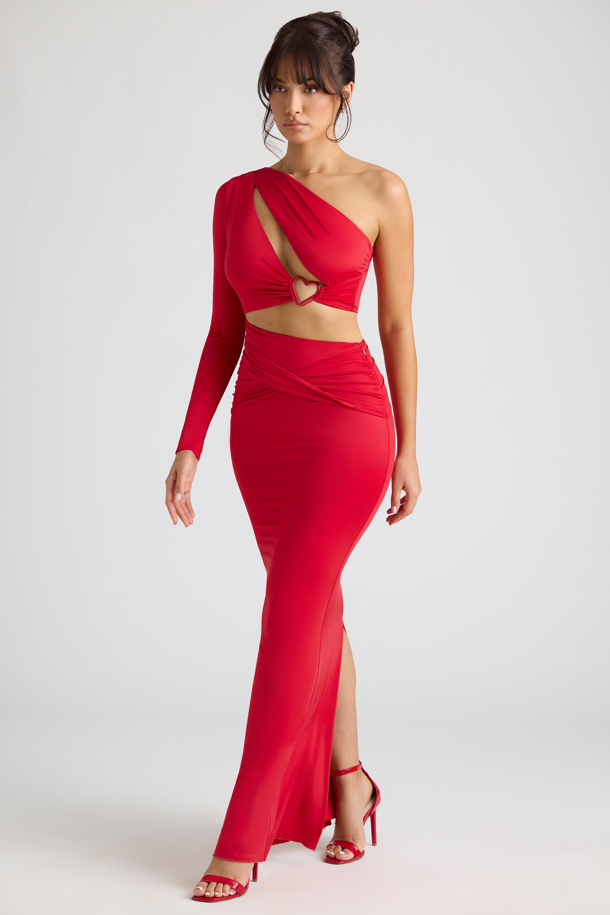 Single Sleeve Cut Out Evening Gown in Fire Red、mySite、solidvoid