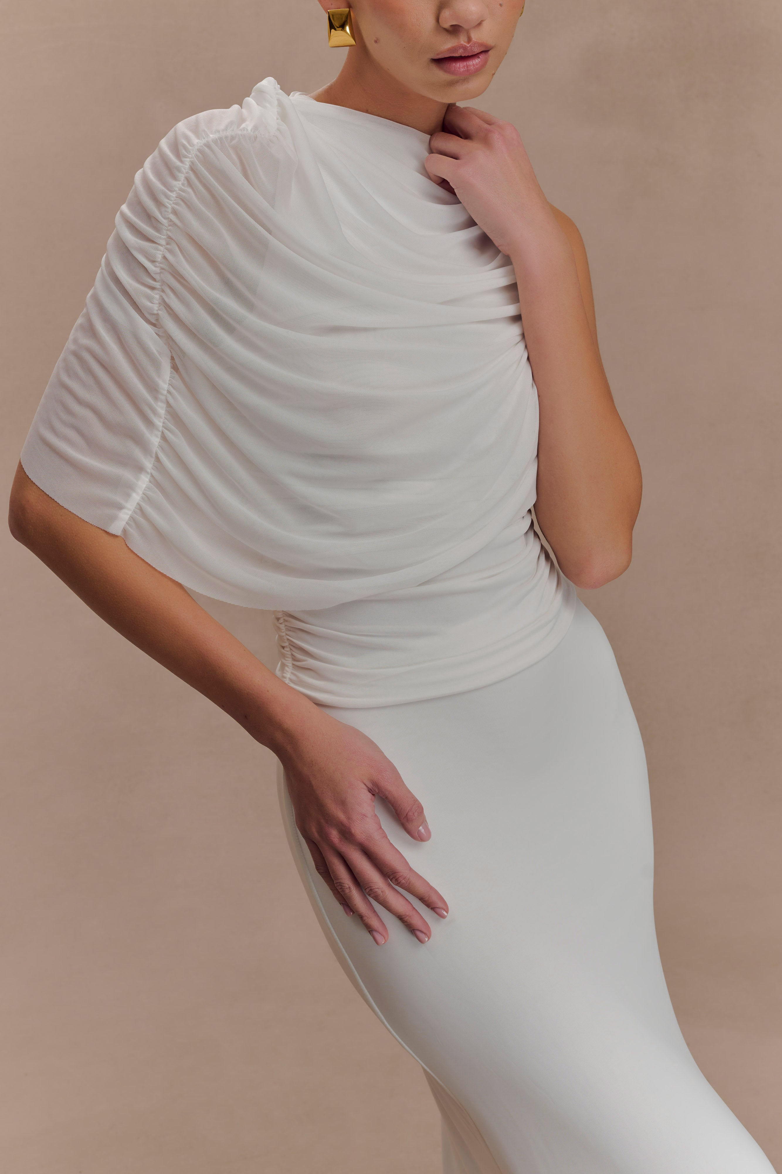 Pruedance Slinky Draped Top With Mesh Overlay - White、mySite、solidvoid