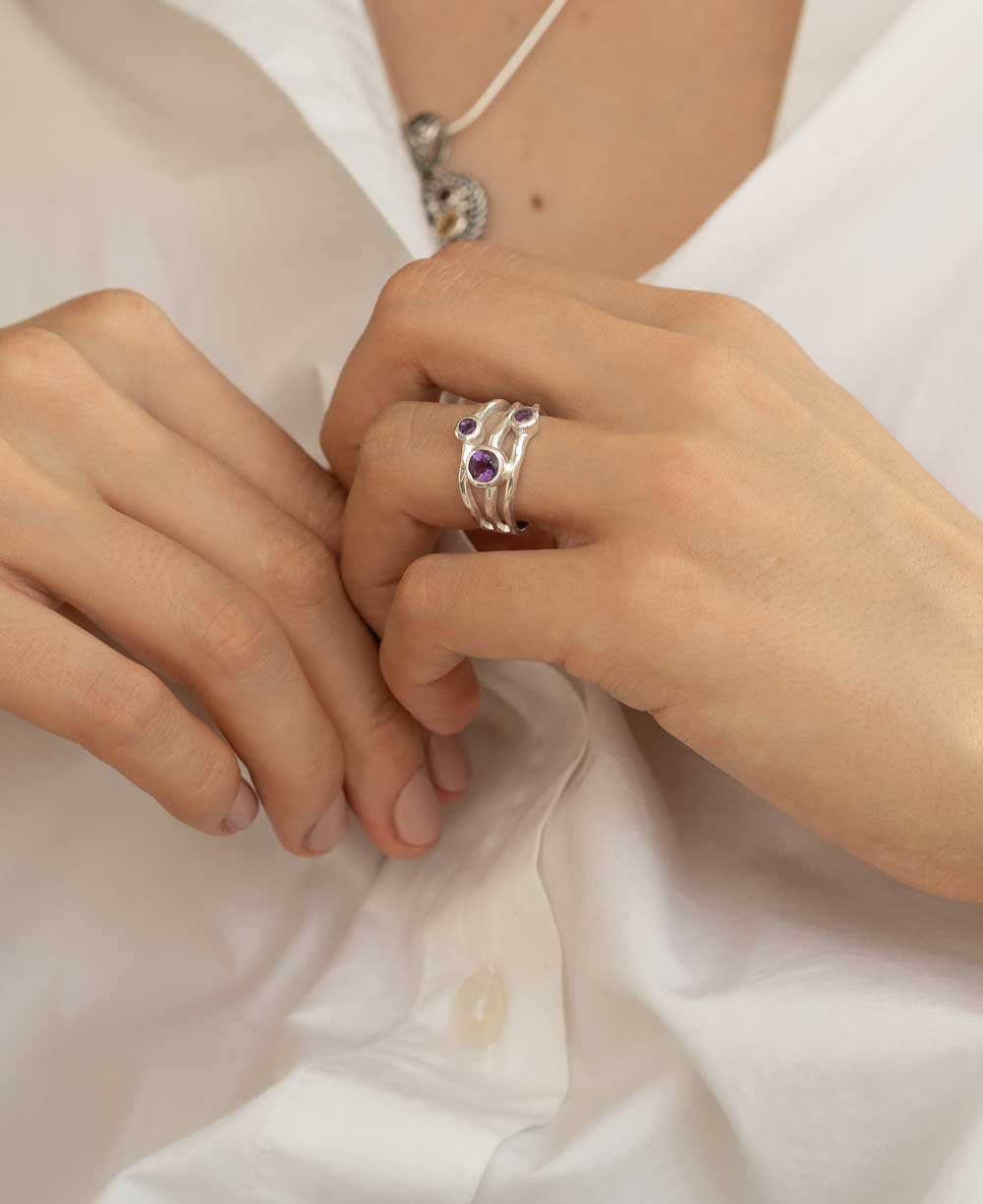 Amethyst Triple Gemstone Ring, Sterling Silver、mySite、topwebapps