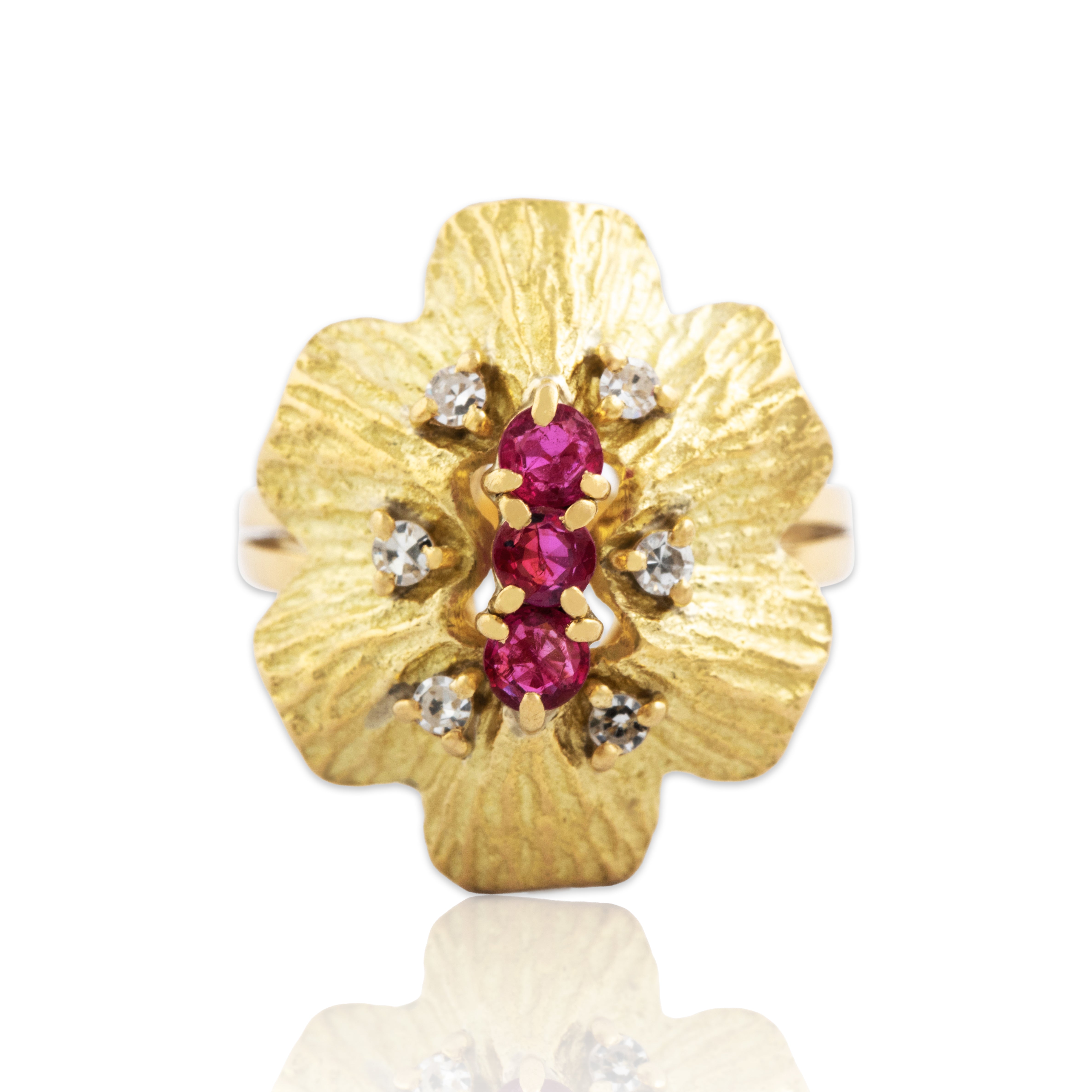 Vintage 18k Yellow Gold Ruby Diamond Bold Floral Cocktail Ring 5.75、mySite、hinf8tx79