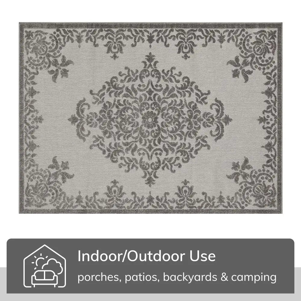 Arid Modern Medallion Persian Indoor/Outdoor Grey High-Low Rug、mySite、gigharbornorthrealestate