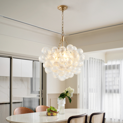 27.5-Inch Gold Pendant Light Chandelier with Threaded Clear Glass Globe Shade – Adjustable Height, Ideal for Living Room, Dining Room, Kitchen (No Bulbs)、、eastwooduniform
