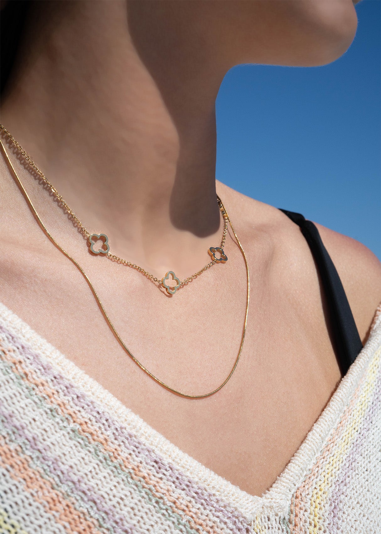 18K Gold PVD Stainless Steel Layered Clover Charm Necklace / CHN0020、mySite、dreamappss