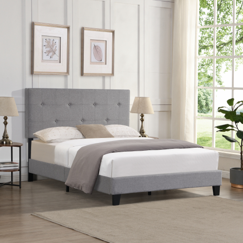 King Size Upholstered Platform Bed Frame with Button Tufted Linen Fabric Headboard, No Box Spring Needed, Wood Slat Support, Easy Assembly, Gray、、casual