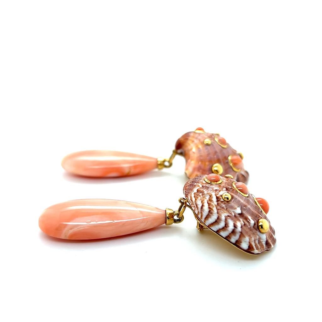 Estate 18K Yellow Gold Natural Seashell & Coral Drop Earrings、mySite、botmansion