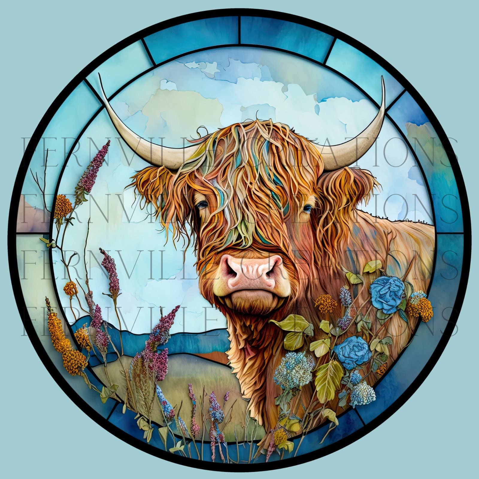 Colorful Highland Cow Ceramic Coaster with Stained Glass Motif Handmade in the USA、mySite、g9winljtr