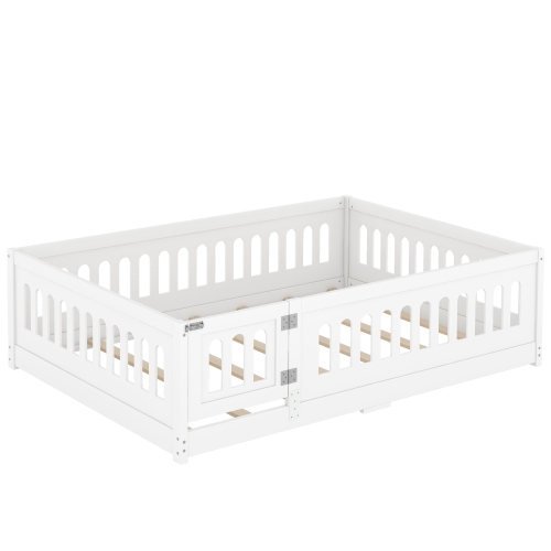 Twin Size Floor Bed with Heightened Safety Guardrails and Door, Solid Wood Bedframe with Rails for Girls, Boys, Teens, Child Bedroom, Kids Playroom, No Slats Included, White、、casual