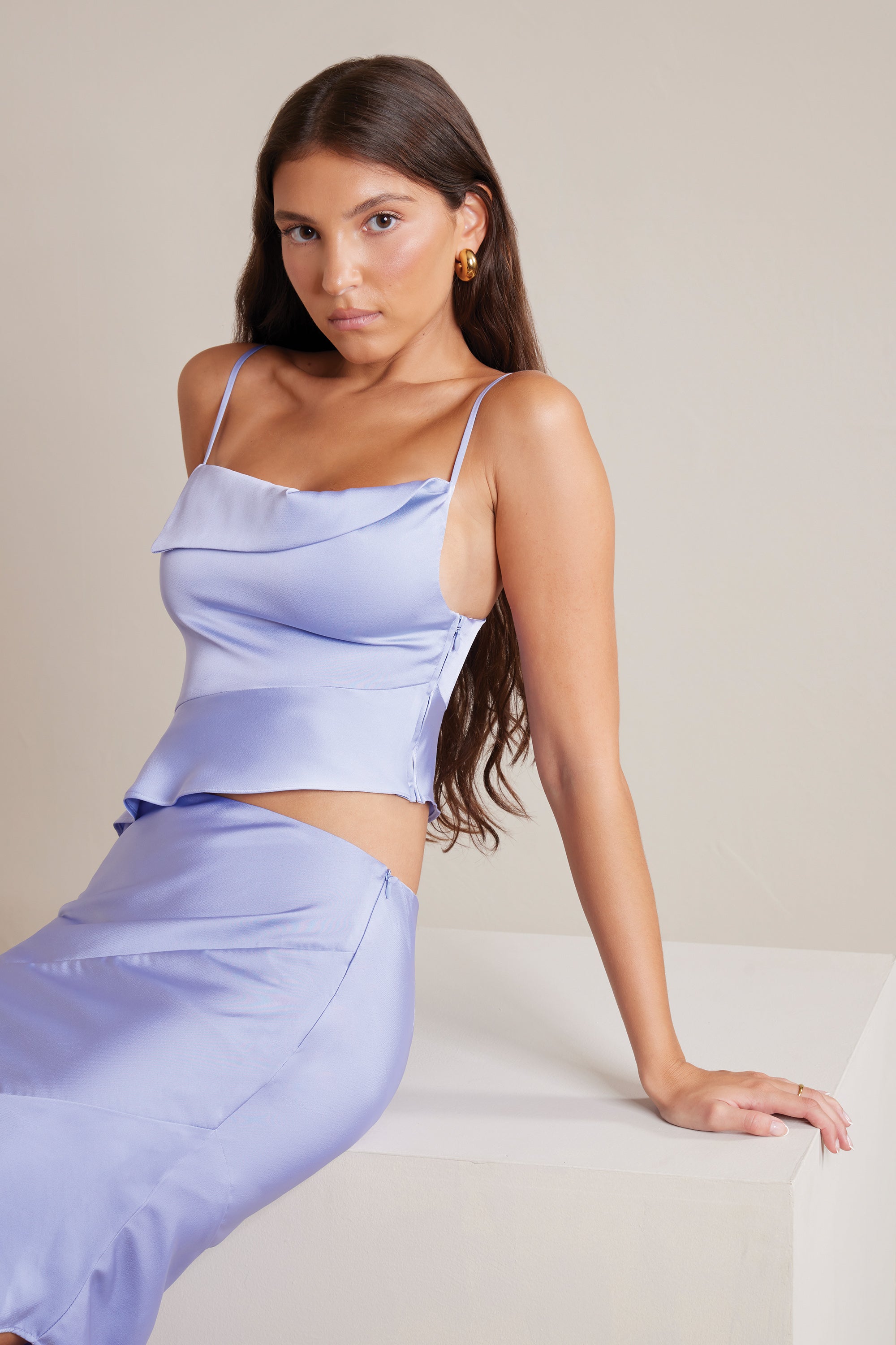 Bias Cut Satin Cowl Neck Crop Top in Periwinkle、mySite、solidvoid
