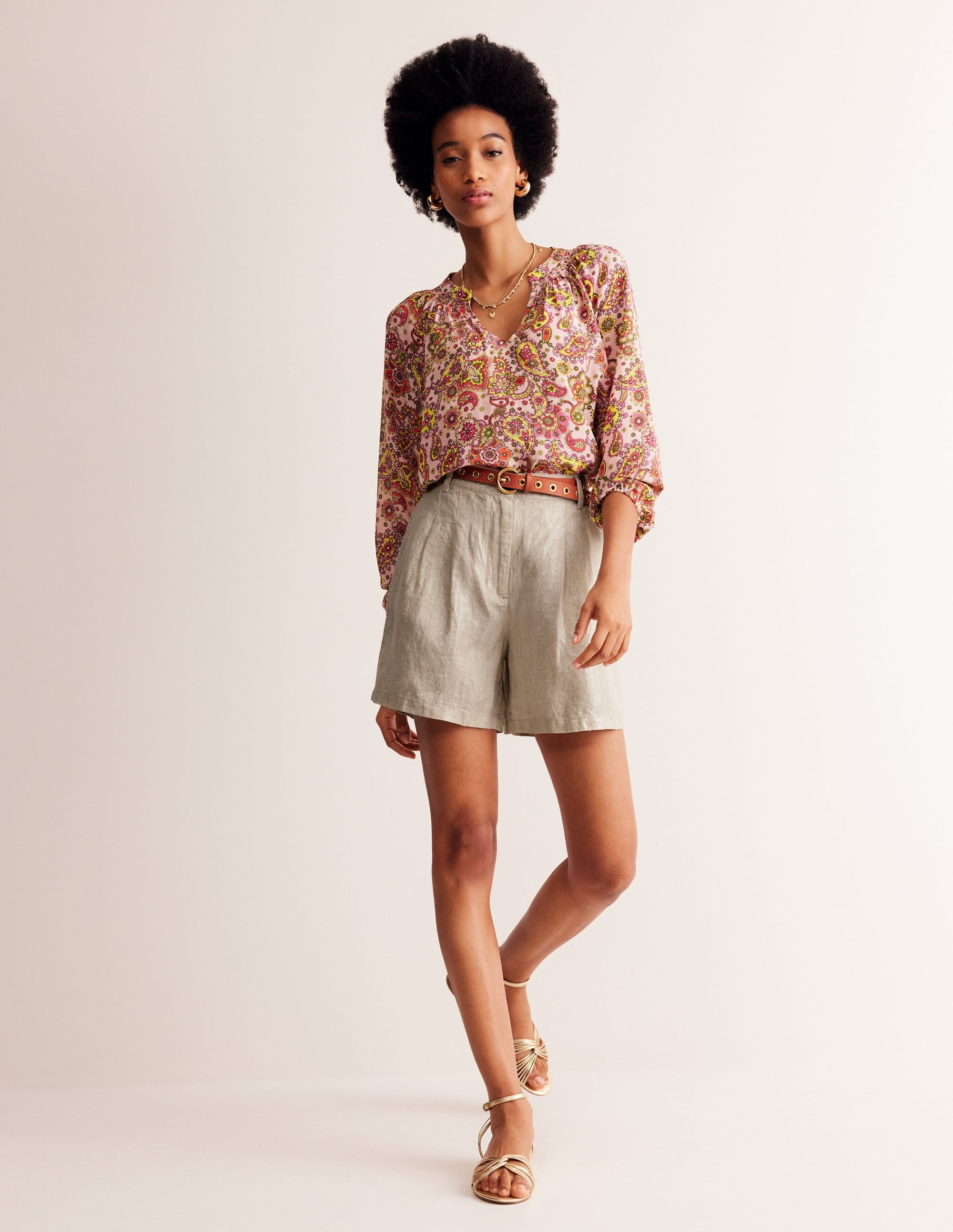  Pleated Linen Shorts-Neutral Metallic、mySite、ashleygrahame