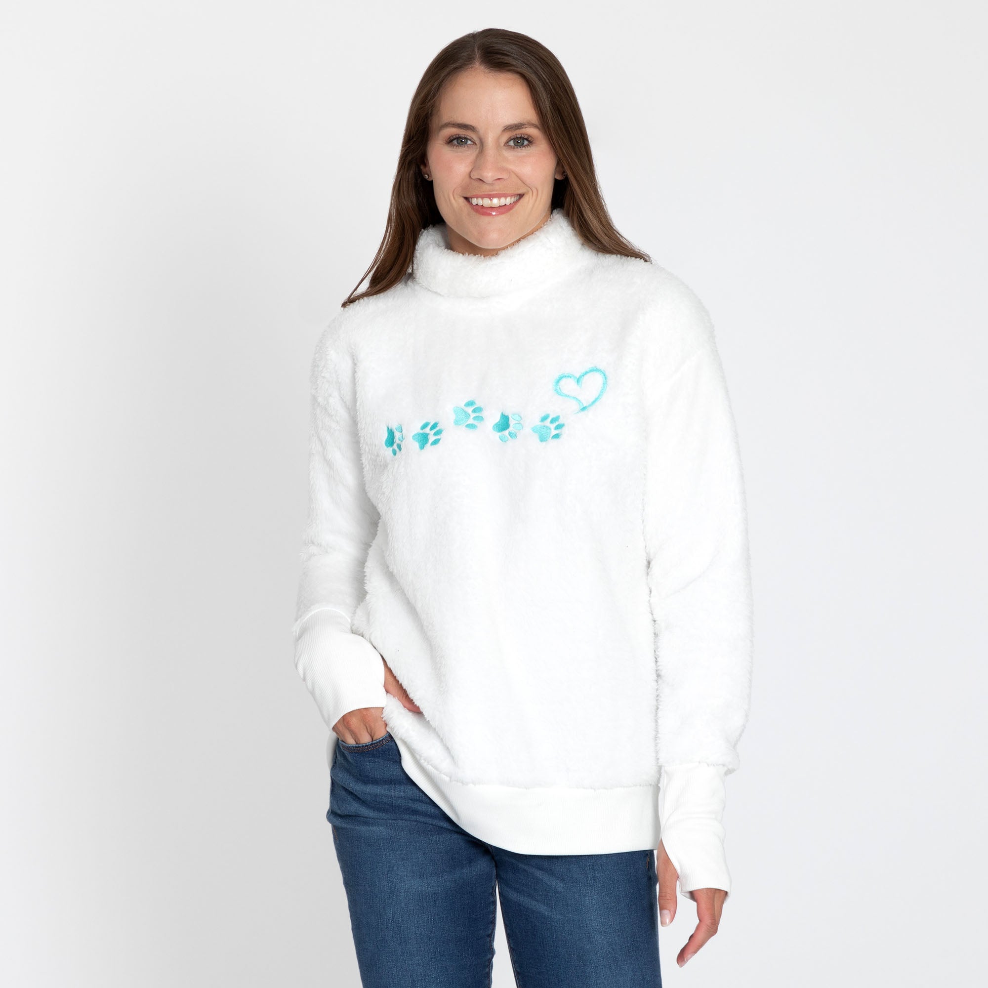 Paw Print Mock Neck Plush Sherpa Fleece Pullover with Thumb Holes、mySite、camillekostekn