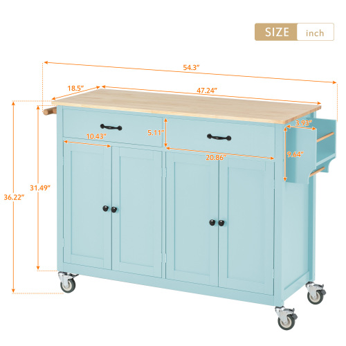 Kitchen Island Cart with Solid Wood Top and Locking Wheels,54.3 Inch Width,4 Door Cabinet and Two Drawers,Spice Rack, Towel Rack (White)、、casual