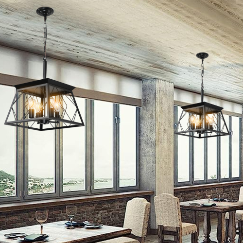 (Same as W1340111203/L1009) 16" Black Industrial 4-Light Pendant Chandelier, Modern Metal Cage Design, Adjustable Hanging Light for Dining Room, Kitchen, Living Room (No Bulbs)、、eastwooduniform