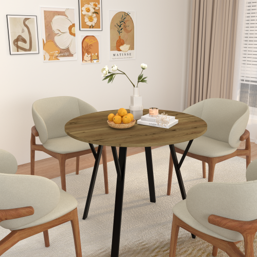 31.5 Inch Round Dining Table, Small Circle Kitchen Table with Metal Black Legs for 2-4 people,Modern Dining Room Table, Brown (only table)、、casual