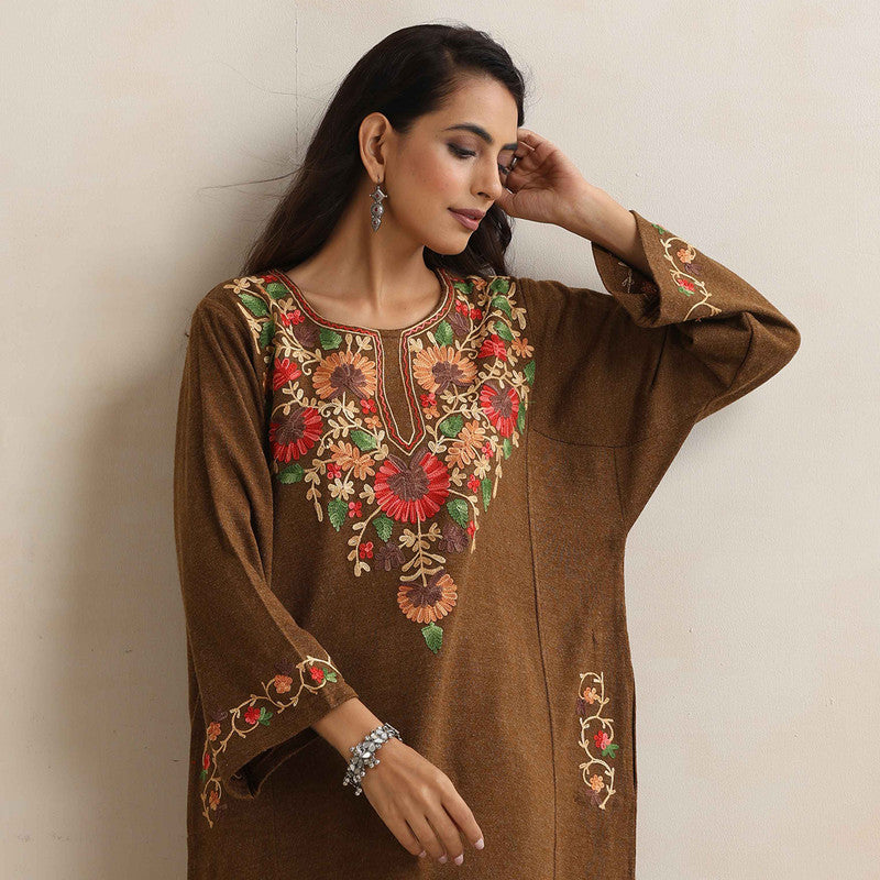 Woolen Kurta For Women | Floral Embroidered | Brown、mySite、camillekostekn