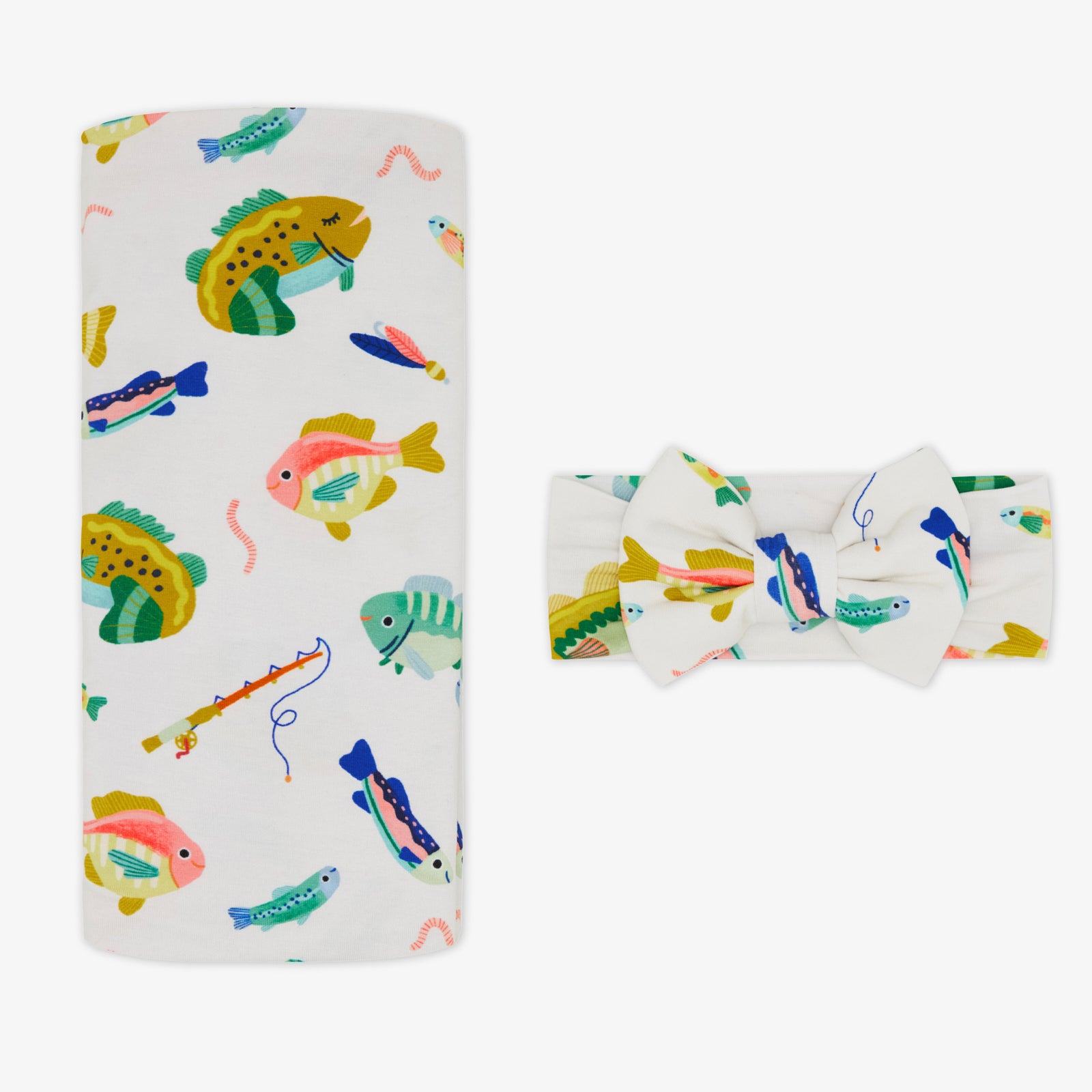 Gone Fishin' Swaddle & Luxe Bow Headband Set、mySite、g9winljtr