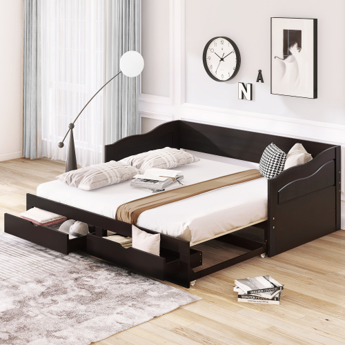 Wooden Daybed with Trundle Bed and Two Storage Drawers , Extendable Bed Daybed,Sofa Bed for Bedroom Living Room,White、、casual