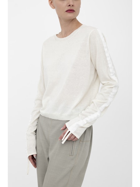 Elaine Kim Briar Organic Cotton Hemp Crew Neck Top with Ruched Sleeves and Grosgrain、mySite、noshort