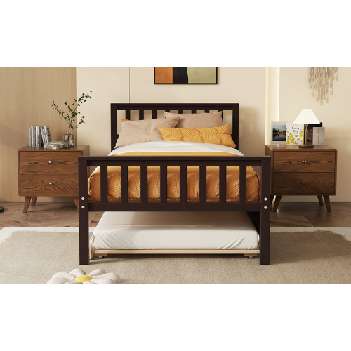 Twin Bed with Trundle, Platform Bed Frame with Headboard and Footboard, for Bedroom Small Living Space,No Box Spring Needed,Grey(New SKU:W504P148530)、、casual