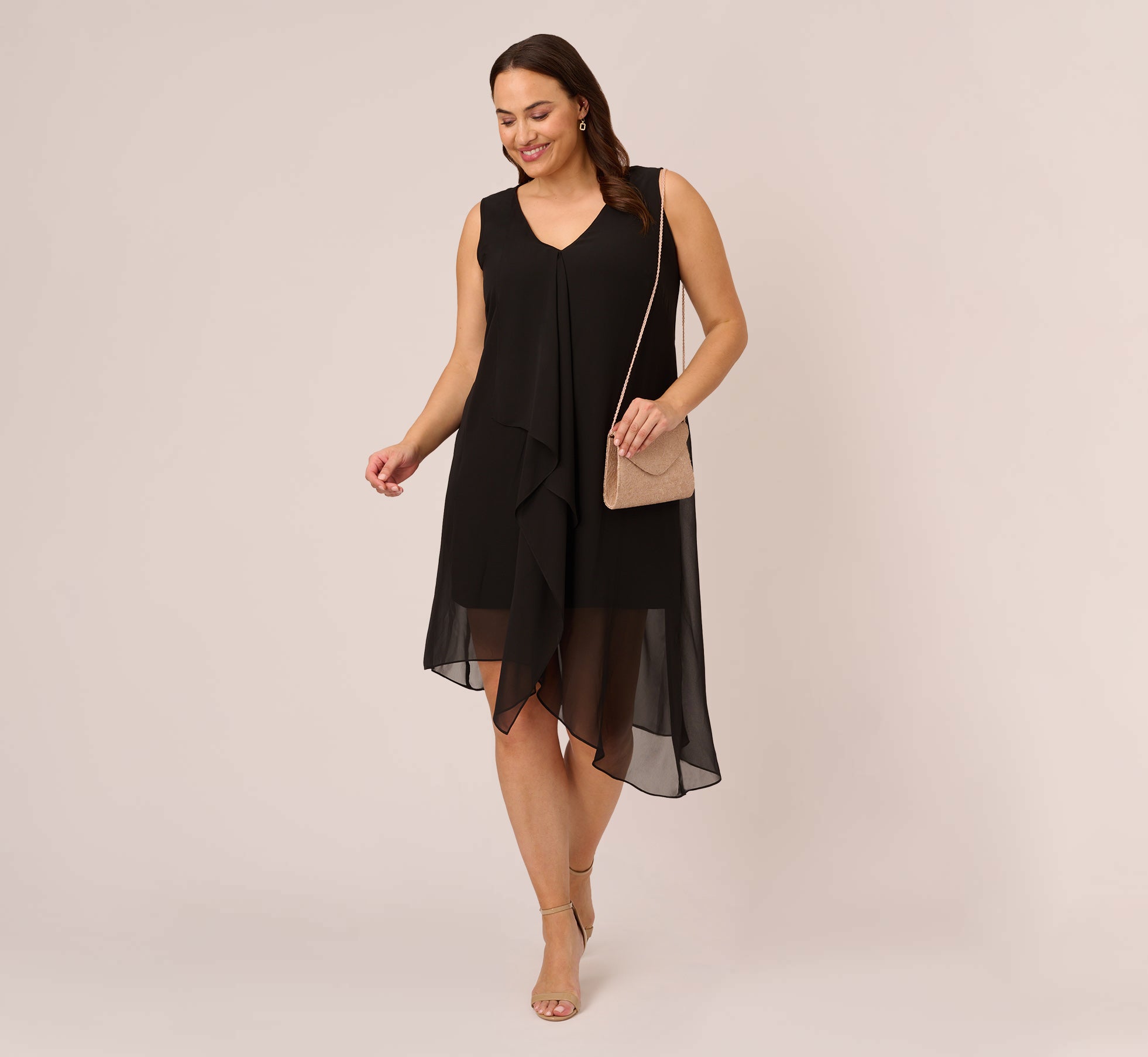 Plus Size Sleeveless Chiffon Dress With Cascading Details In Black、mySite、solidvoid