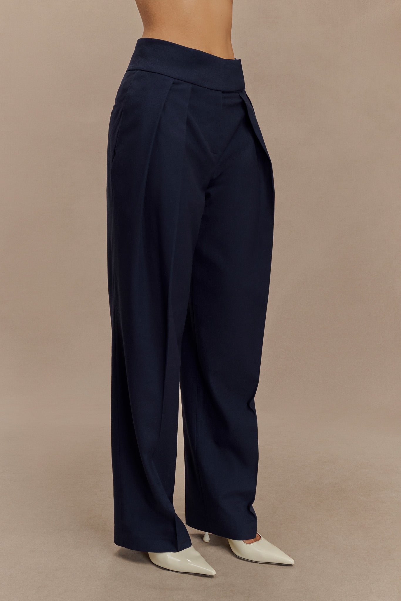 Penelope Pleated High Waisted Pants - Dark Navy、mySite、solidvoid