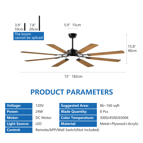 52 Inch Ceiling Fan with Lights and Remote Control, 8 Plywood Blades, 6-Speed Noiseless Reversible DC Motor, 3CCT, Windmill Ceiling fan for Kitchen Bedroom Living Room, Black、、eastwooduniform