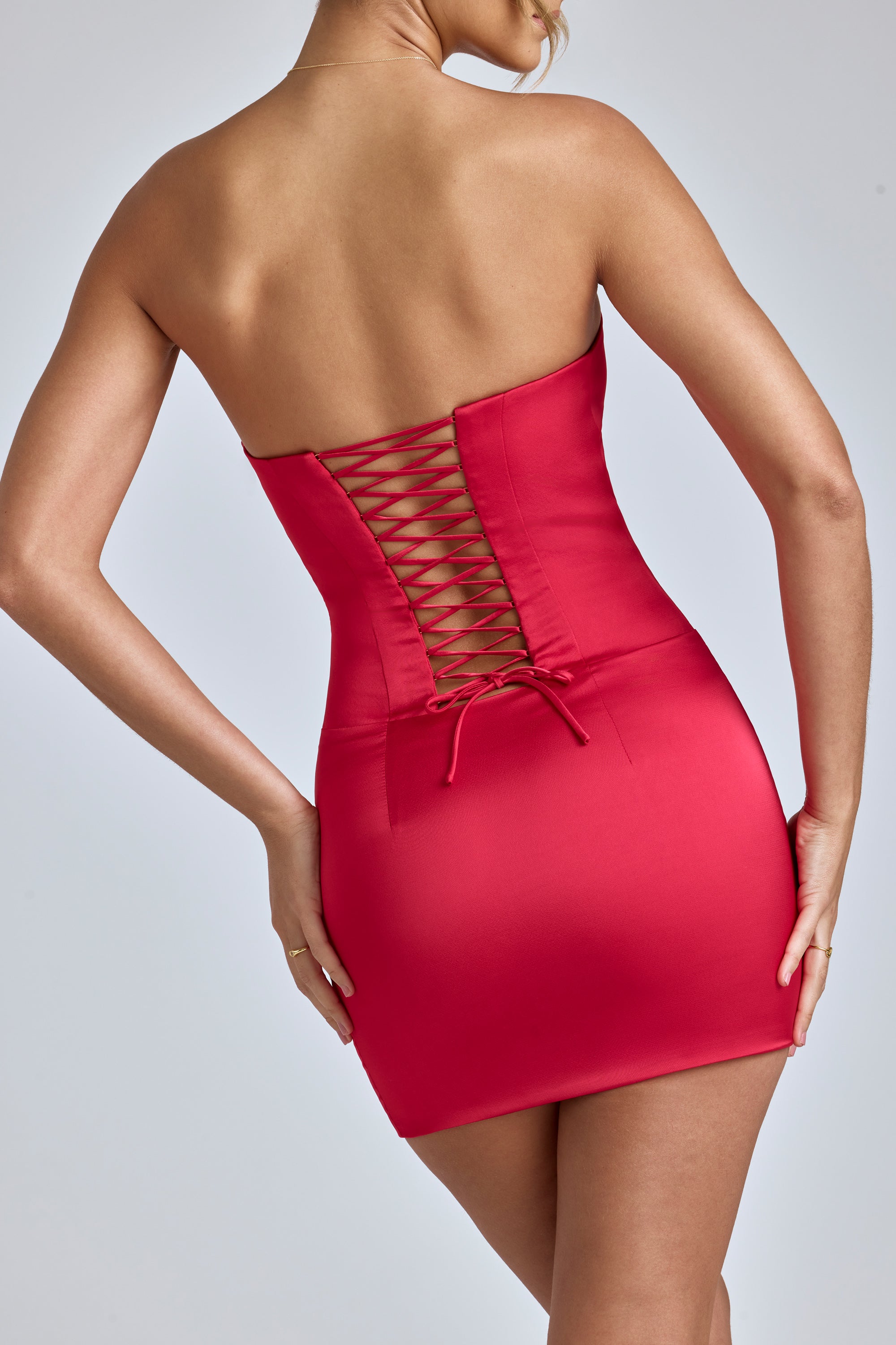 Lace-Up Corset Mini Dress in Cherry Red、mySite、solidvoid