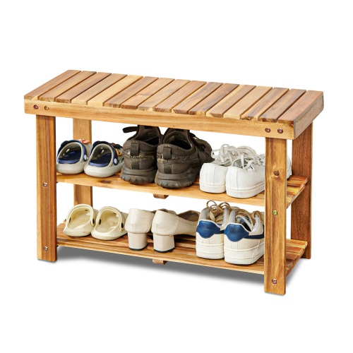 Acacia Wood Shoe Rack Bench, 2-Tier Natural Wooden Shoe Organizer for Entryway, Front Door, or Bathroom, 200 lbs Capacity, 27.6"L x 11"W x 17.8"H, Durable and Easy to Assemble、、eastwooduniform