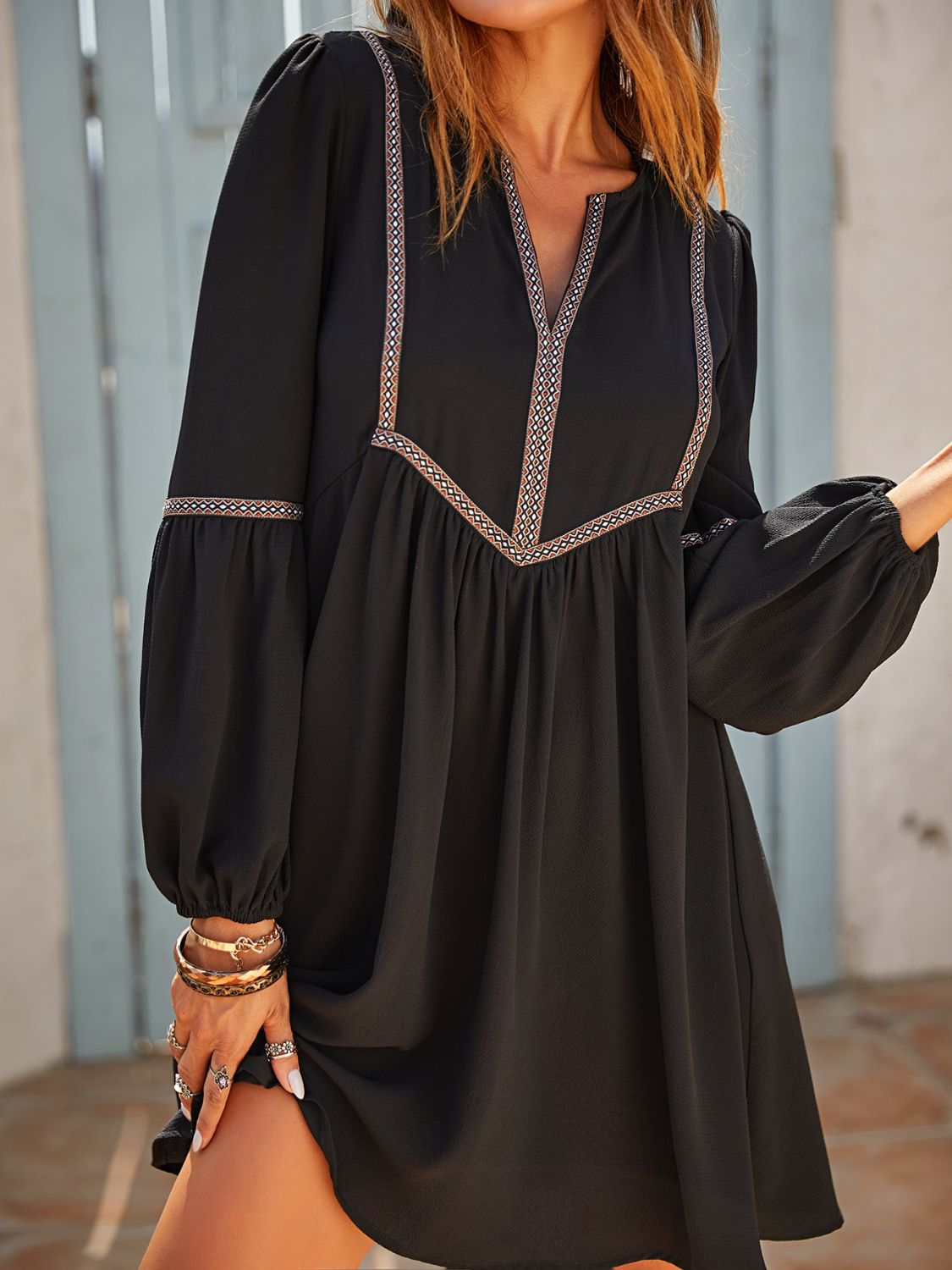  Ruched Notched Long Sleeve Mini Dress、mySite、justintrudeaud