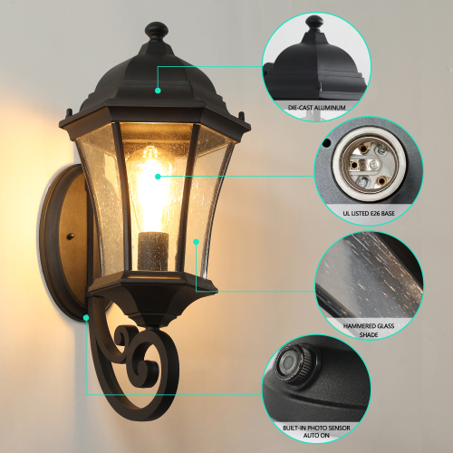 27"(H) 1-Pack Outdoor Wall Lantern with Dusk to Dawn Sensor, Black Weatherrproof Exterior Light Fixture with Clear Bubble Glass, Vintage Wall Sconce for Porch, Patio, Entryway, and Garage (No Bulb)、、eastwooduniform