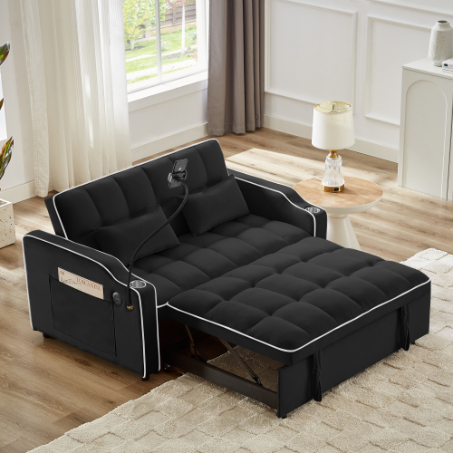 1 versatile foldable sofa bed in 3 lengths, modern sofa sofa sofa velvet pull-out bed, adjustable back and with USB port and ashtray and swivel phone stand (black)、、casual