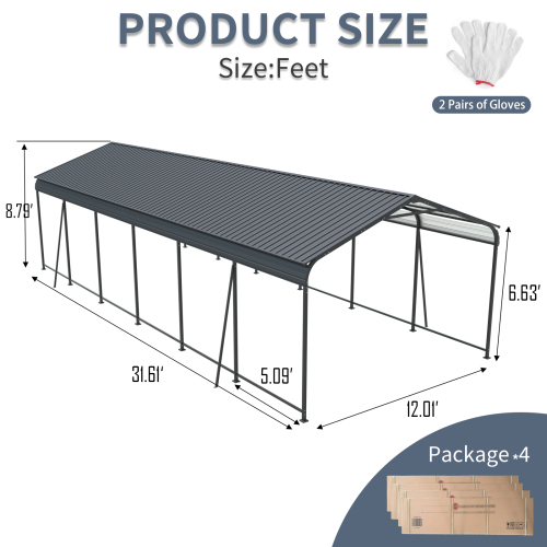 12 X 32 FT Carport, Heavy Duty Carport with Galvanized Steel Roof and Frame, Metal Carport Large Garage with 4 Fixed inclined square tube supports for Driveway Car, Truck、、eastwooduniform