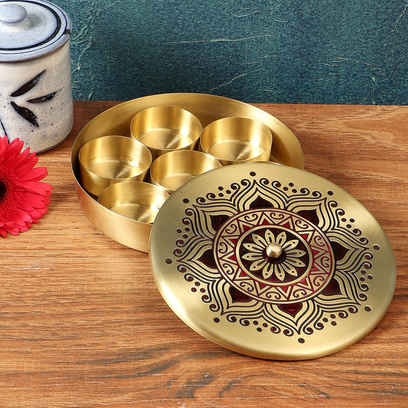 Brass Masaladan with Brass Diya | Masala Box | Maroon & Gold、mySite、camillekostekn