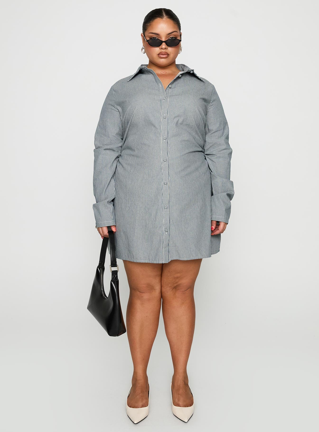 Publicity Long Sleeve Mini Dress Blue Pinstripe Curve、mySite、solidvoid