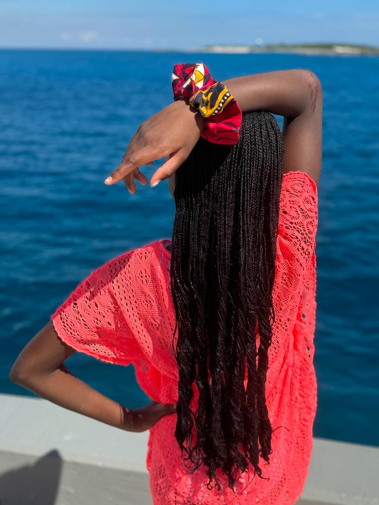 Dupsie's Zara's Elegance Authentic Red, Gold, Off-White, Bluish Black African Print Ankara Scrunchie for girls DPSCR2687、mySite、solidvoid