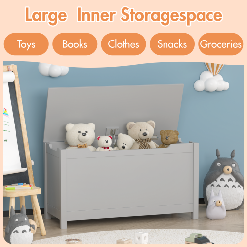 Kids Wooden Toy Box Storage with Safety Hinged Lid for Ages 2+ (White)、、casual