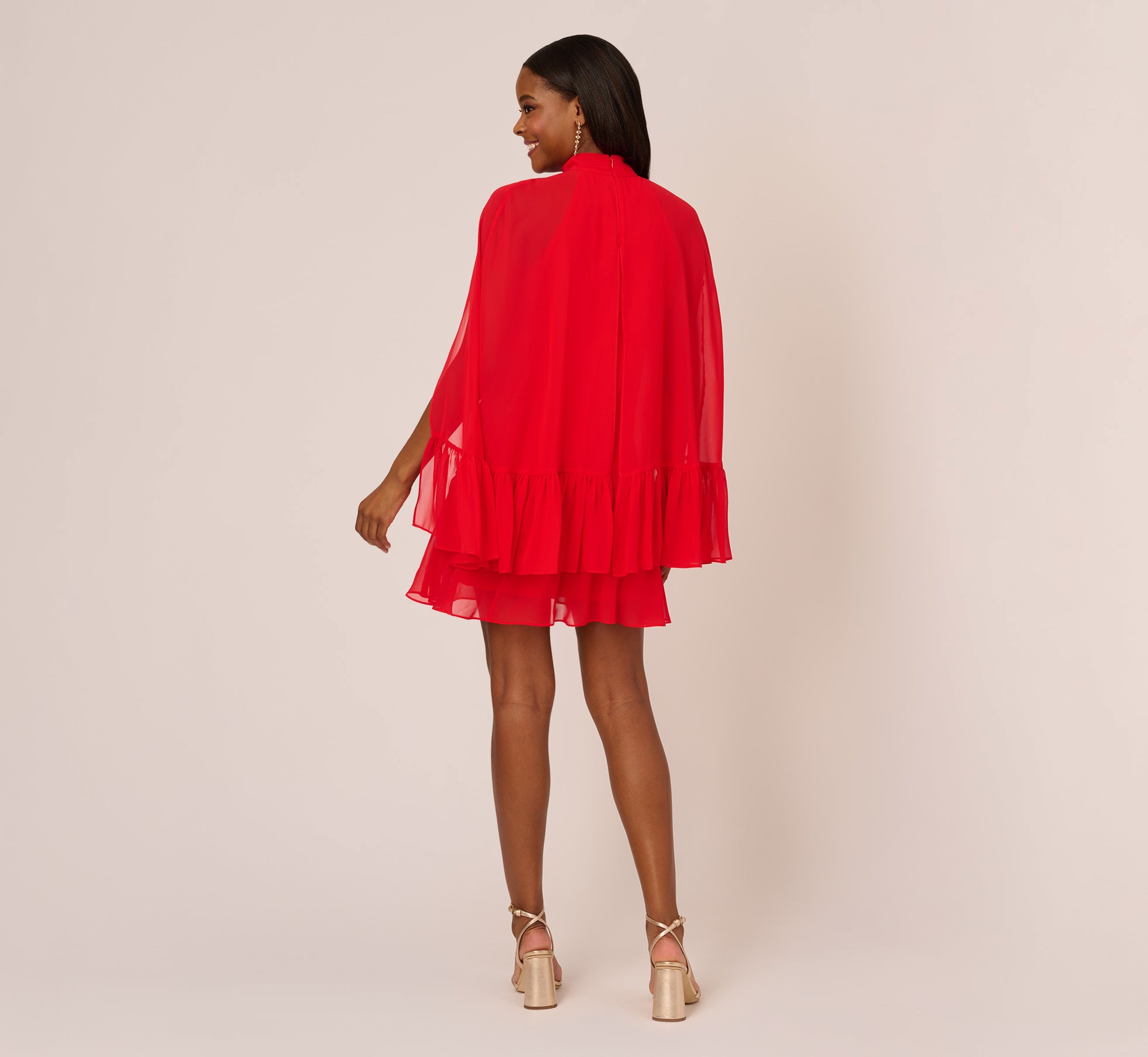Chiffon Cape Sheath Dress With Ruffle Details In Red Crush、mySite、solidvoid