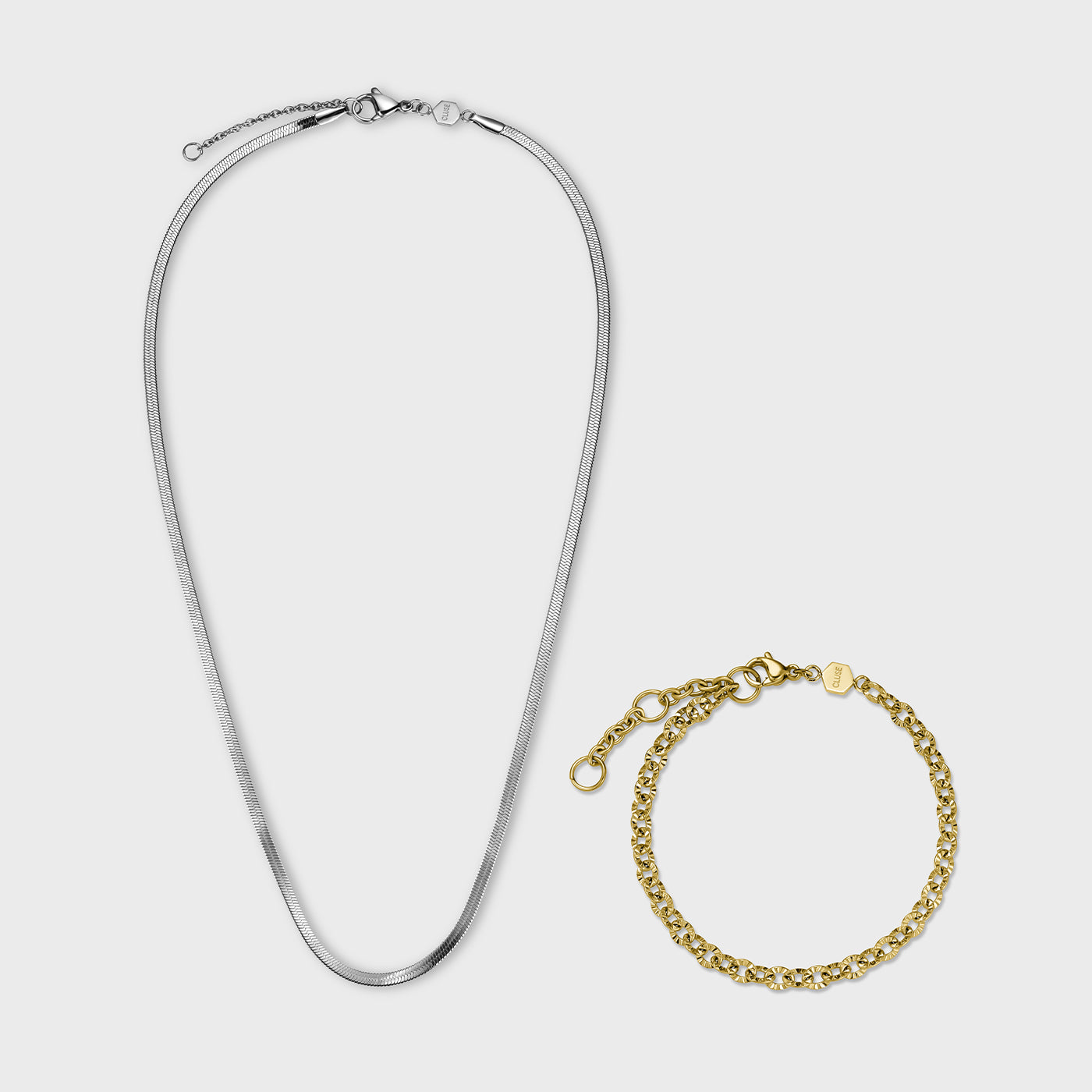 Gift Box Essentielle Shiny Bracelet and Snake Necklace, Silver and Gold Colour