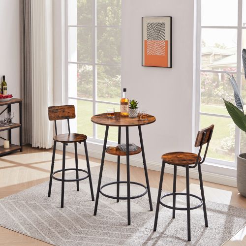 Round bar stool set with shelves, stool with backrest Rustic Brown, 23.6'' Dia x 35.4'' H、、casual