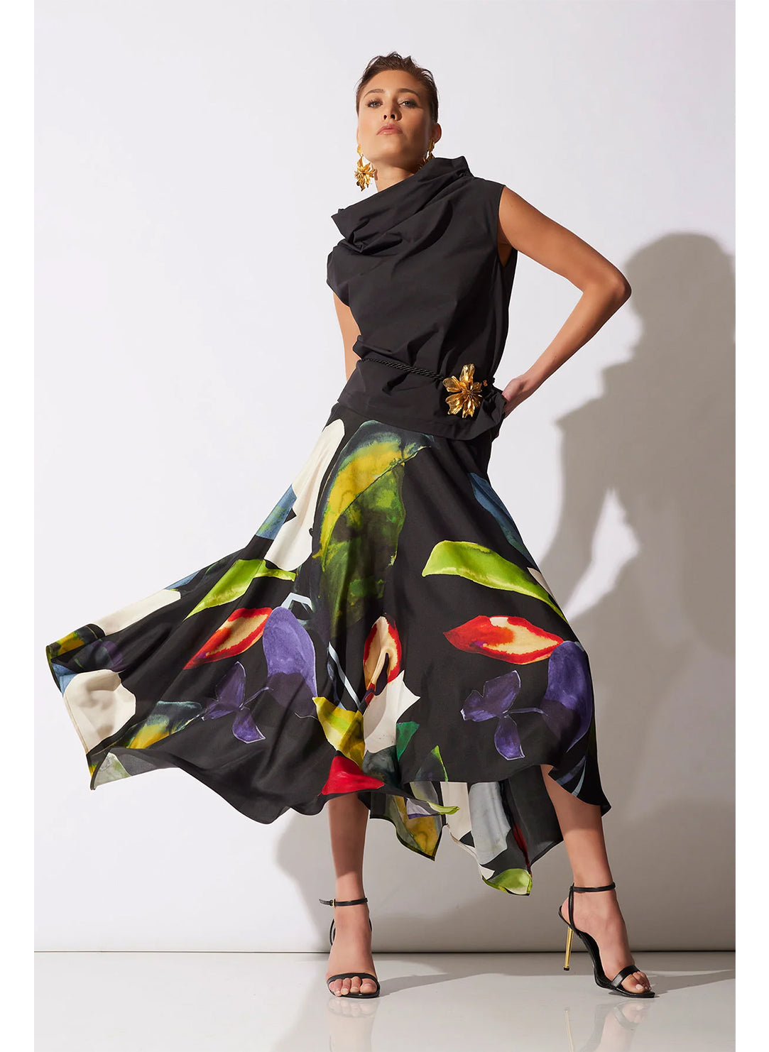 Yoru Silk Twill Black Multi Origami Maxi Skirt、mySite、justintrudeaud