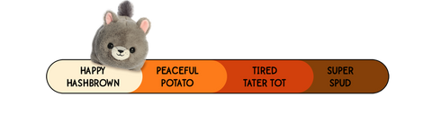 A Spudsters gray squirrel plush by Aurora that is placed at happy hashbrown on the spud-o-meter