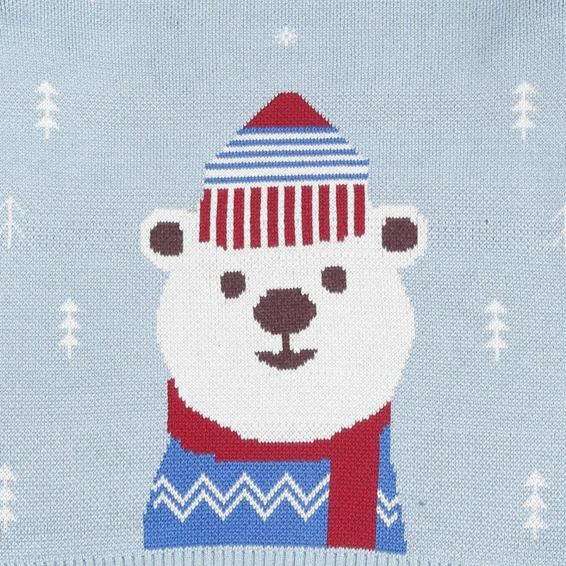 Cotton Jacquard Sweater, Lower & Cap Set | Hearth Warming Bear Printed | Blue & Pink | Set of 3、mySite、camillekostekn