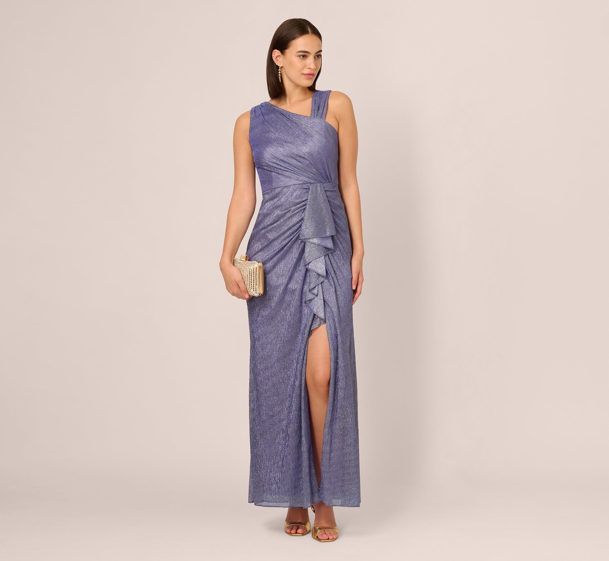 Draped Metallic Foil Long Dress In Peri Cruise、mySite、solidvoid