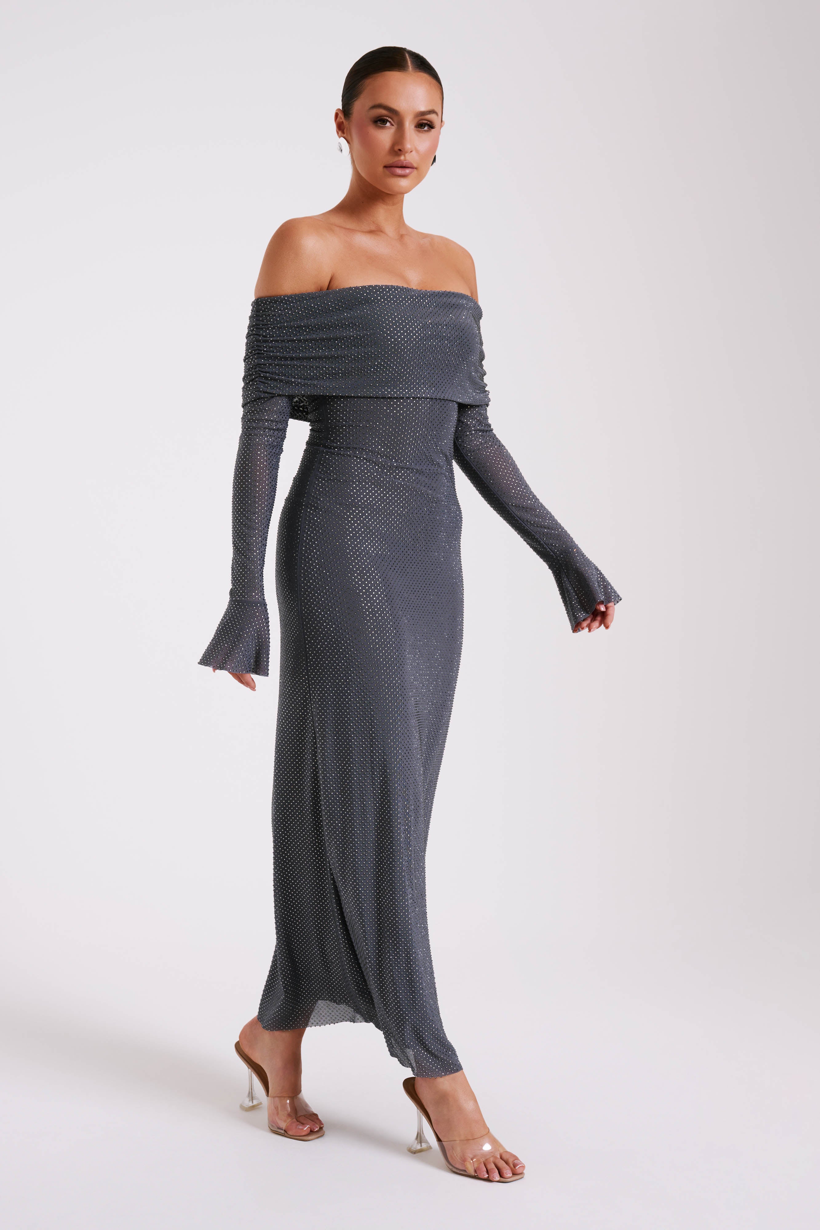 Marcel Off Shoulder Diamante Maxi Dress - Gunmetal、mySite、solidvoid
