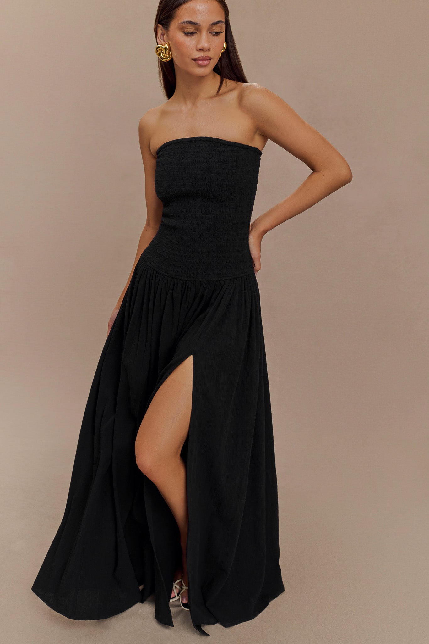 Maureen Cotton Shirring Maxi Dress - Black、mySite、solidvoid