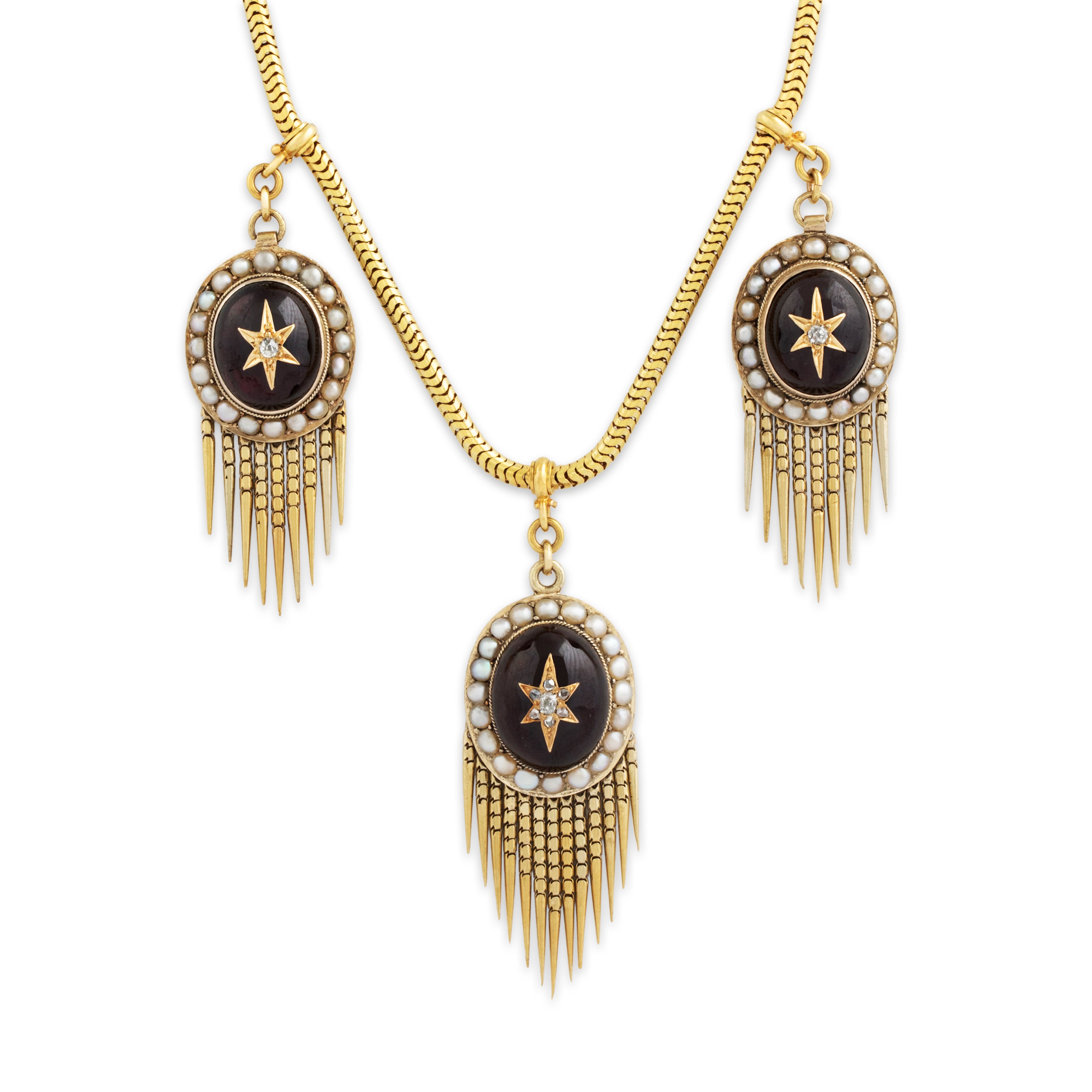 Antique 14k Yellow Gold Garnet Old Mine Diamond Pearl Superb Fringe Necklace 19、mySite、hinf8tx79