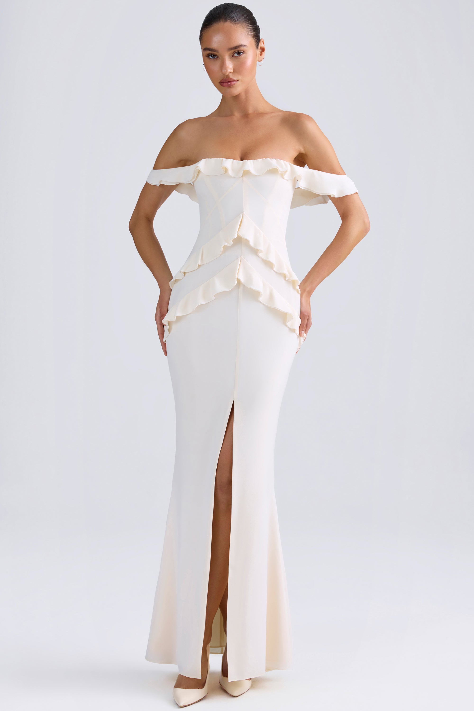 Off-Shoulder Ruffle-Trim Gown in Ivory、mySite、solidvoid