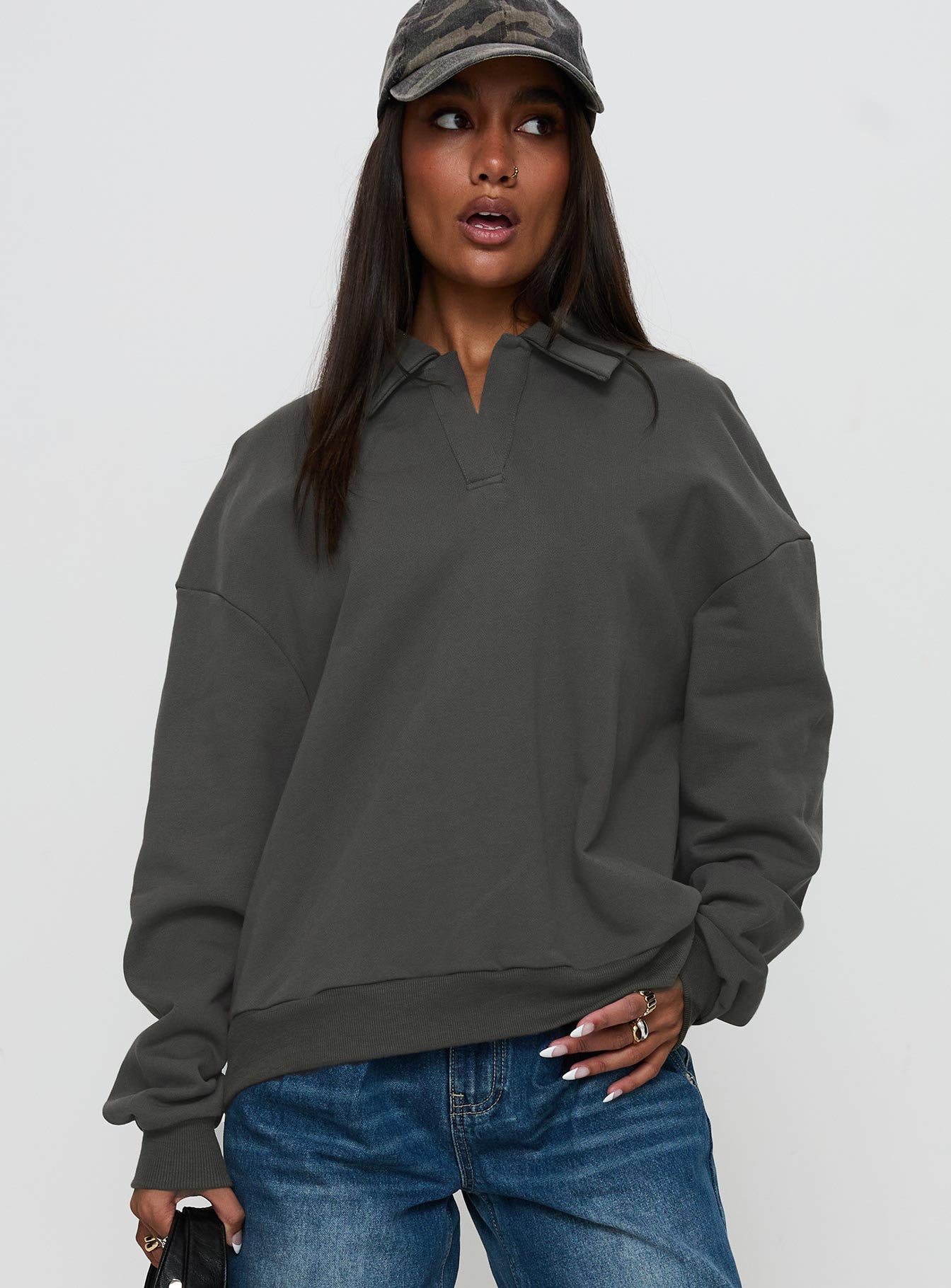 Back Around Collared Fleece Jumper Slate、mySite、solidvoid