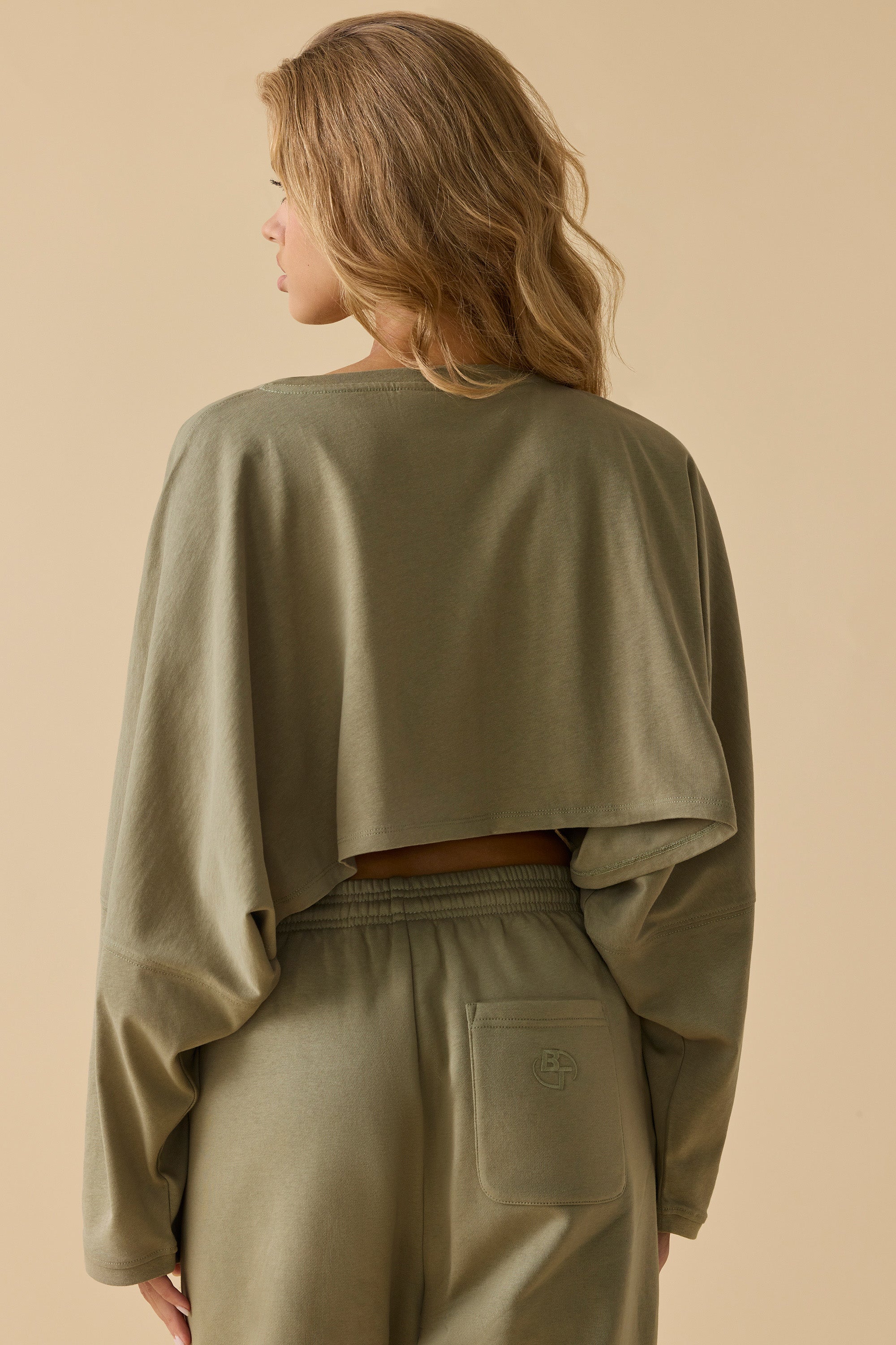 Oversized Long Sleeve Crop Top in Soft Olive、mySite、solidvoid