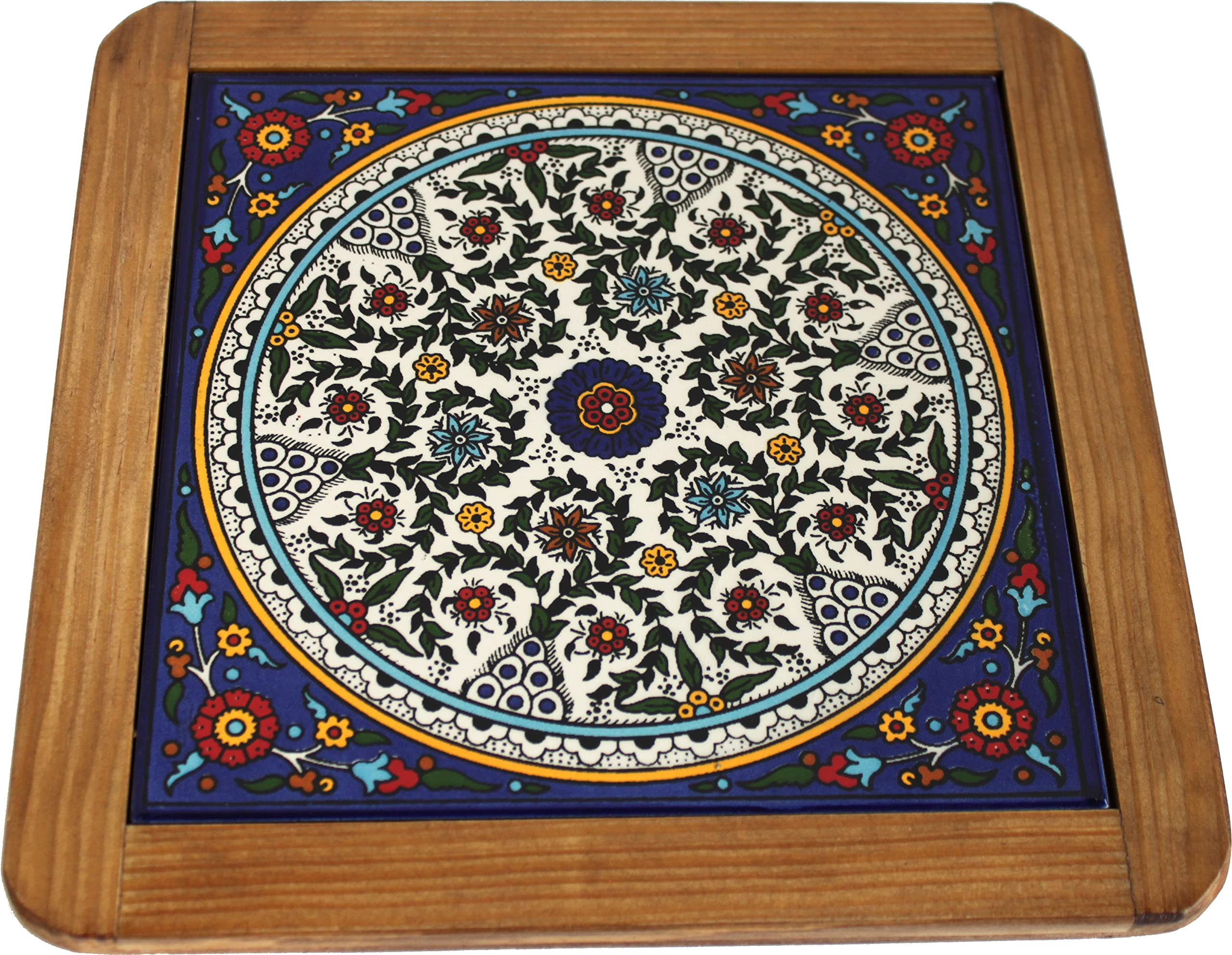Holy Land Market Extra Large Ceramic Coaster Trivet - Hot Plate - Shades of Blue Flowers ( 25cm or 9.75 Inches )、mySite、topwebapps